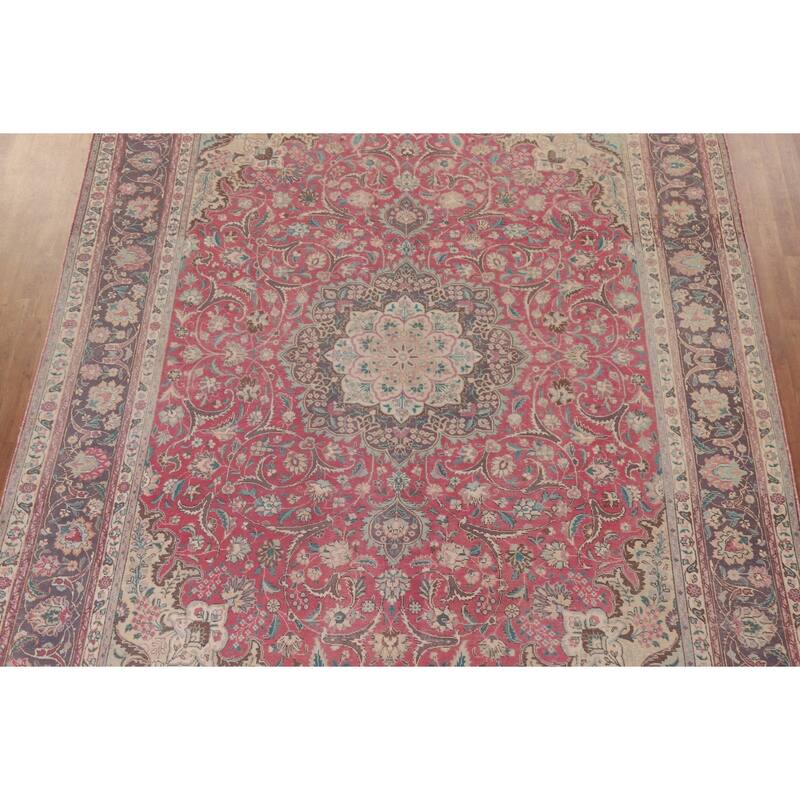 Hand Knotted Oriental 100% Wool Carpet Traditional Floral Pink Tabriz Area Rug - 12' 11'' X 9' 9''