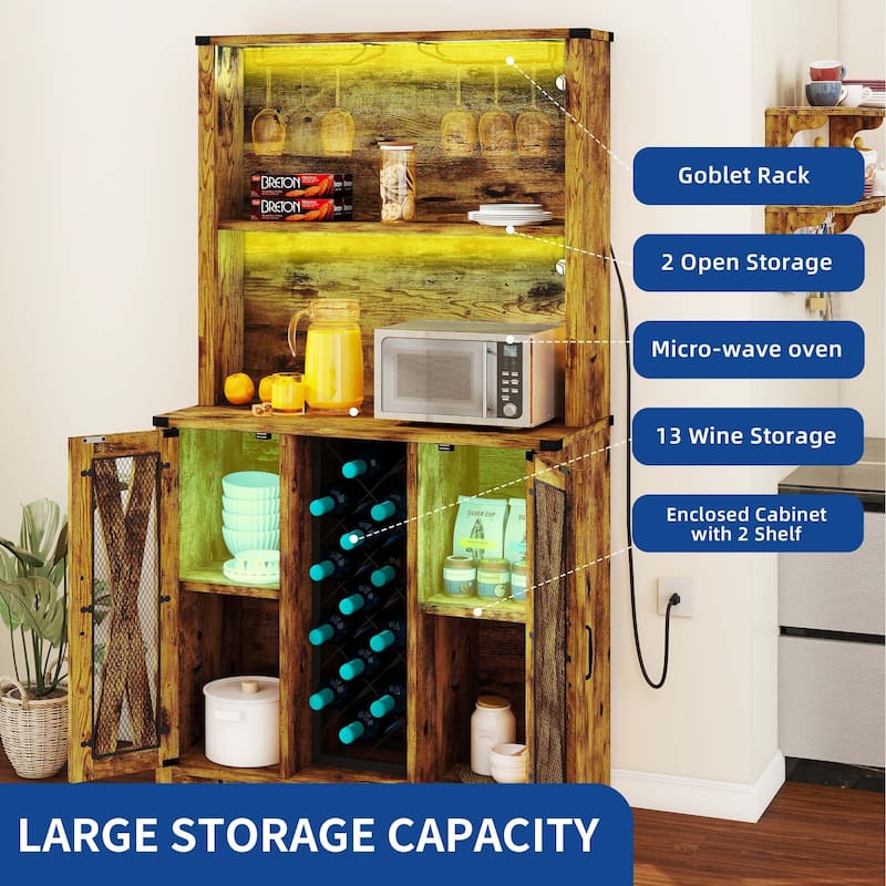 Moasis Farmhouse Bar Cabinet w/ Wine Rack & LED Lights, Sideboard Buffet Storage Cabinet for Dinning Room