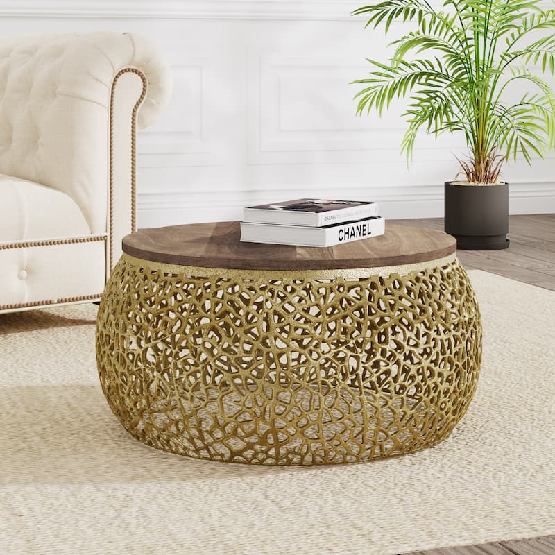 Christopher Knight Home - Inmax Round Aluminium Coffee Table with Mango Wood Top - Honey finish+Gold