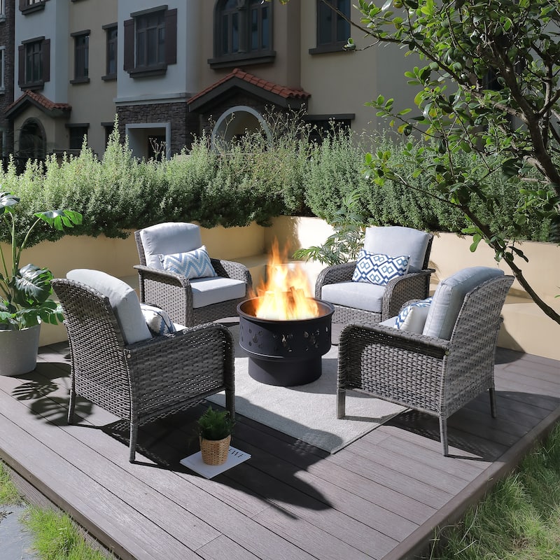 XIZZI 5-piece Single Chairs Wicker Patio Furniture with Firepit - Grey