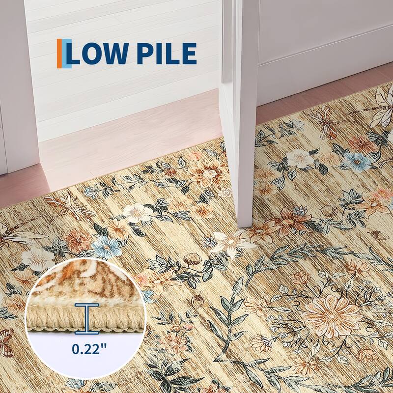 Modern Insect Botanical Pattern Area Rug Floral Print Rug Non-Slip Low Pile Soft Accent Carpet for Living Room Bedroom