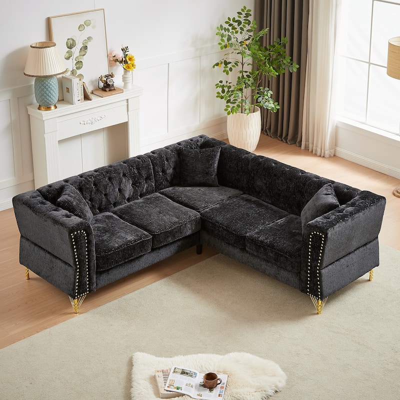 81.5-Inch Black Chenille Corner Sofa, L-Shaped Sectional Couch with Nailhead Trim