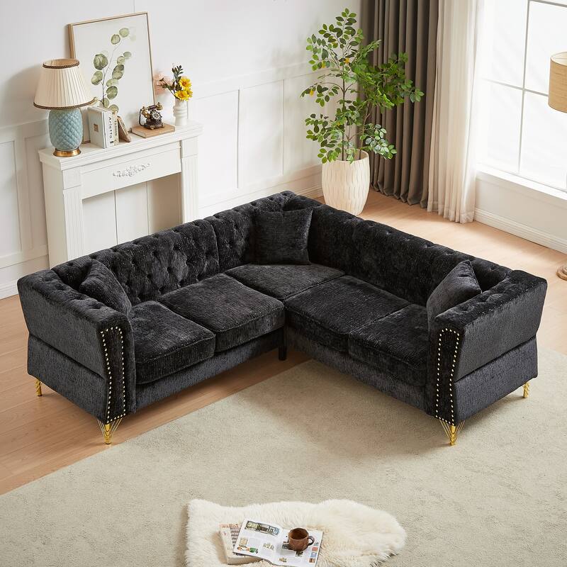 Black 81.5'' L-Shaped 5-Seater Chenille Sectional Sofa with 3 Cushions, Stylish Corner Couch for Living Room, Bedroom