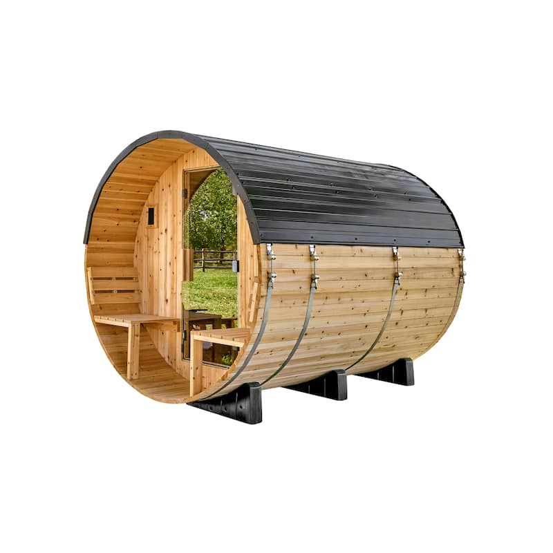 Backyard Discovery Paxton 4-6 Person Outdoor Barrel Sauna, Porch - Natural Cedar