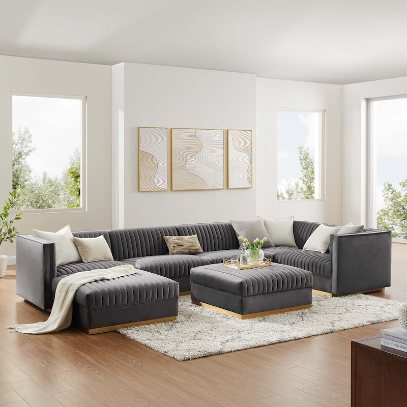 Sanguine Channel Tufted Performance Velvet 7-Piece Right-Facing Modular Sectional Sofa - Gray