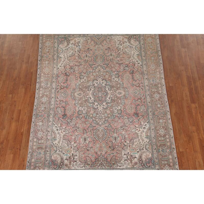 Pink Tabriz Persian Vintage Area Rug Hand-Knotted Wool Carpet - 6'3"x 9'2"