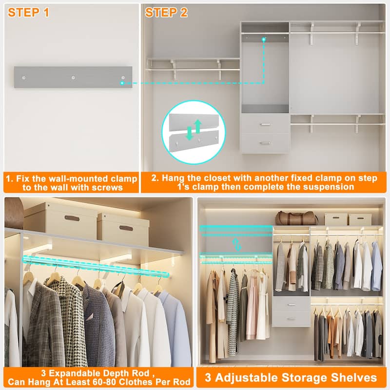 96'' Hanging Closet System with 3 Hanging Rod ＆ 3 Shelving Towers ＆ 2 Drawers,8FT Walk in Closet Organizer System