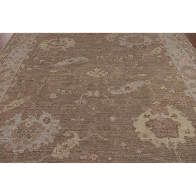 Brown Floral Oushak Vegetable Dye Area Rug Hand-Knotted Wool Carpet - 8'7"x 9'10"