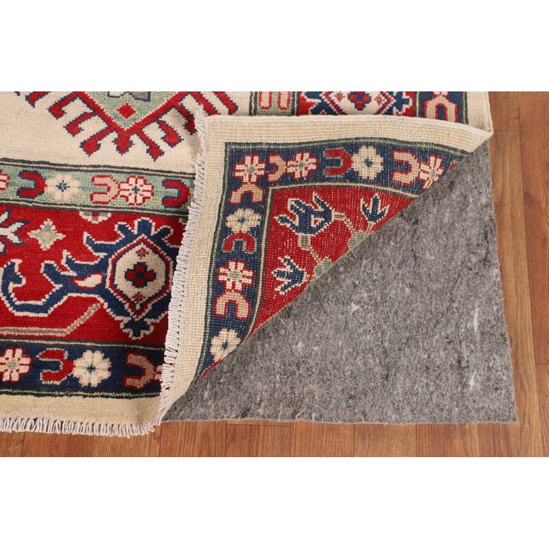 Geometric Kazak Area Rug Hand-Knotted Beige Oriental Wool Carpet - 6'9" x 9'9"