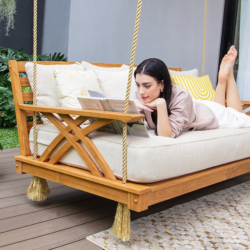 Cambridge Casual Carmel Teak Outdoor Porch Swing Daybed with Cushion