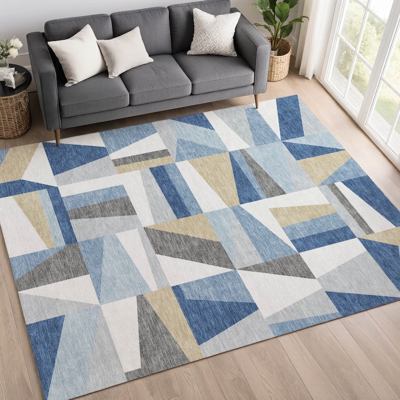 Machine Washable Indoor/ Outdoor Contemporry Mosaic Chantille Rug
