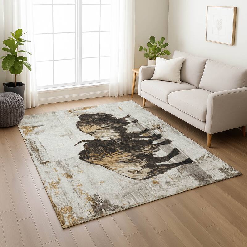 Machine Washable Indoor/ Outdoor Modern Buffalo Chantille Rug