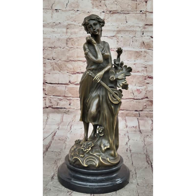 Clical Young Woman Holding Banjo Guitar Musical Instrument - Bronze Sculpture By Milo
