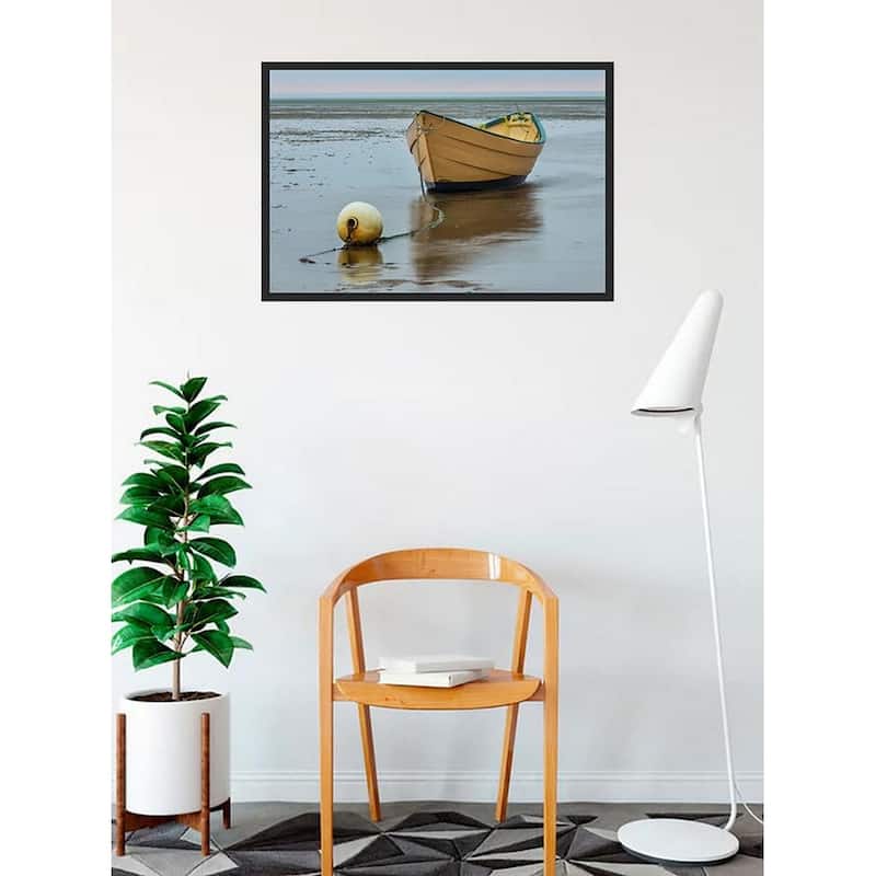 Yellow Dory Boat Waiting for High Tide Photography by Wayne Collamore Framed Poster - 24 x 36 Inch