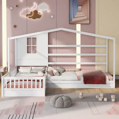 Solid Pine Wood House Bed for Kids, Twin Size L-Shaped with Fence and Decorative Panel, No Box Spring Needed