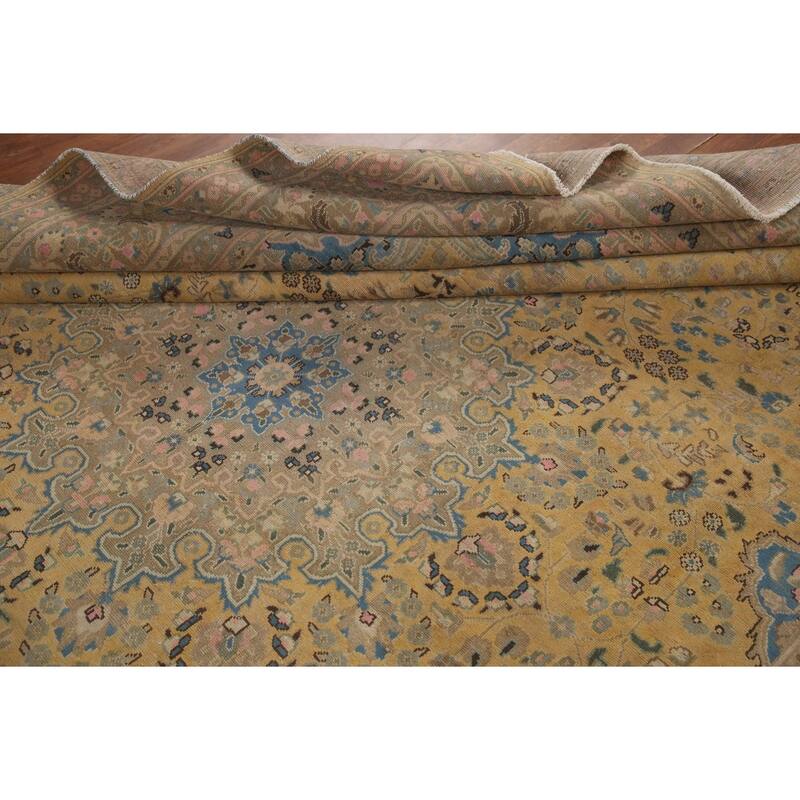 Hand Knotted Oriental 100% Wool Carpet Traditional Floral Yellow & Gold Mashad Area Rug - 12' 6'' X 9' 7''