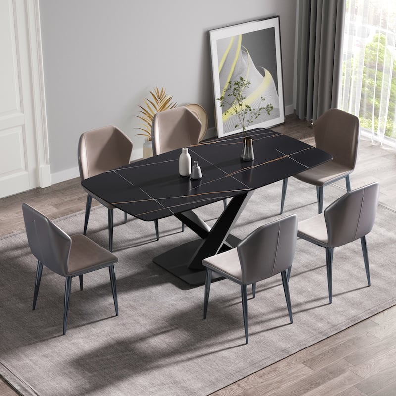 70.87"Modern artificial stone black curved black metal leg dining table-can accommodate 6-8 people