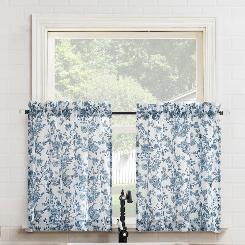 No. 918 Elara 2-pack Tonal Botanical Semi-Sheer Rod Pocket 2-Piece Kitchen Curtain Tier Pair - 54" x 24" - Indigo