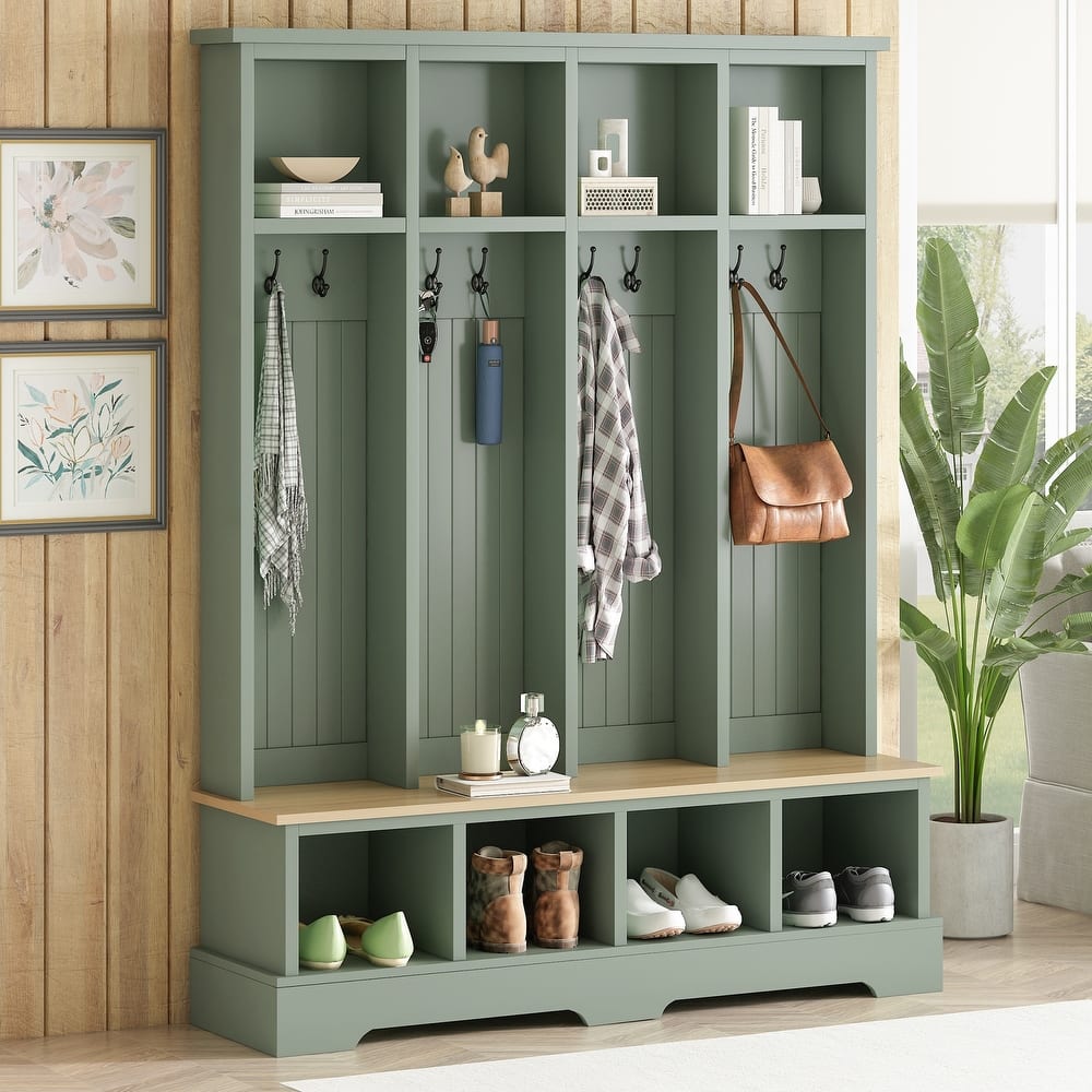 Farmhouse 59"W Hall Tree with 8 Hooks, 3-in-1 Entryway Bench with Open Storage for Coats and Shoes, 76.7" H Wood Mudroom Rack