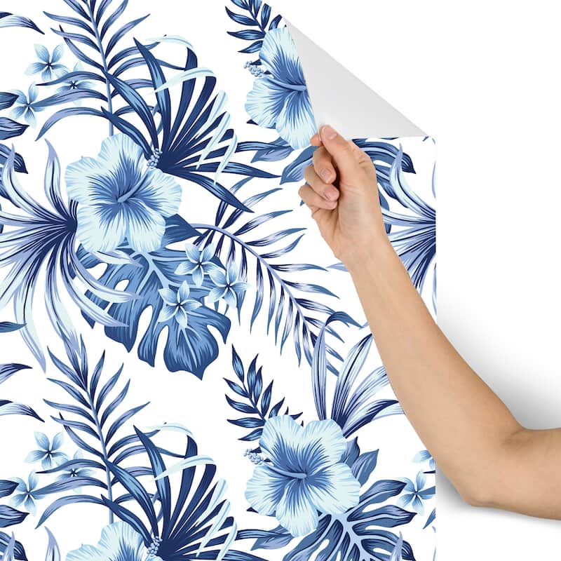 Hibiscus Plumeria Floral Blue Palm Leaves Removable Wallpaper - 24'' inch x 10'ft