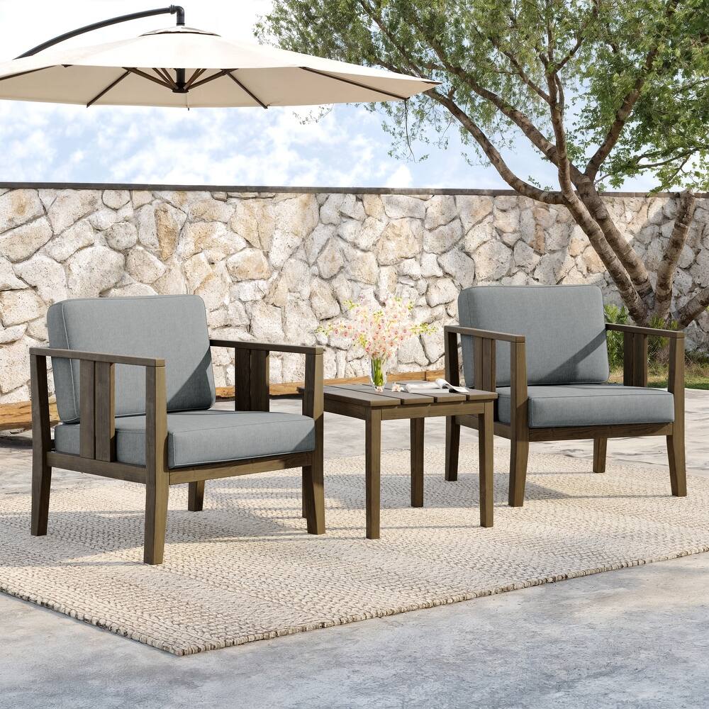 Teak Wood Upholstery Water-resistant Outdoor Armchair and Side Table Set (Set of 3)