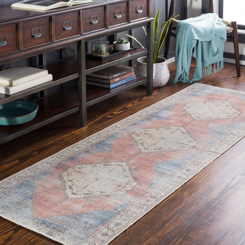 Livabliss Alger Persian Medallion Printed Machine Washable Area Rug - 2'7" x 20' Runner - Coral/Blue - Runner/Rectangle