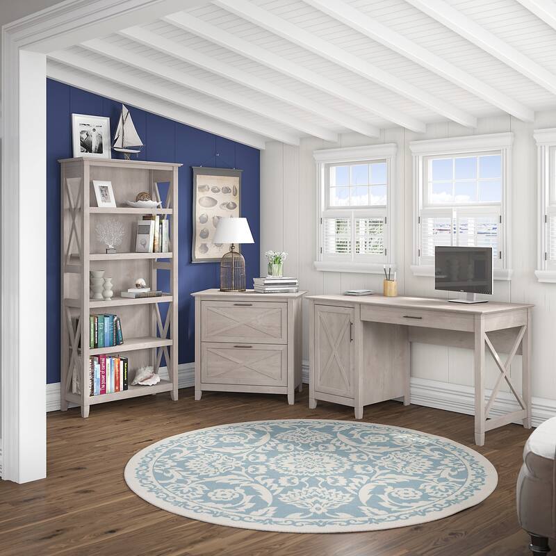 Key West 54W Computer Desk with Cabinet and Bookcase by Bush Furniture - Washed Gray