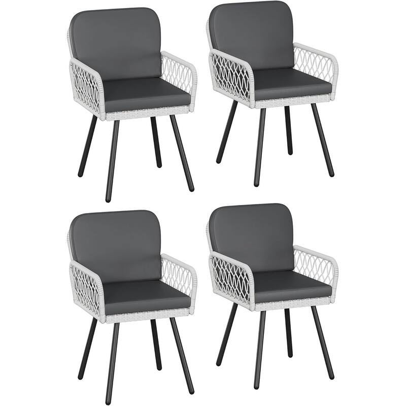Patio Dining Chairs Set of 4 with Black Metal Frame & White Hand-Woven Rattan