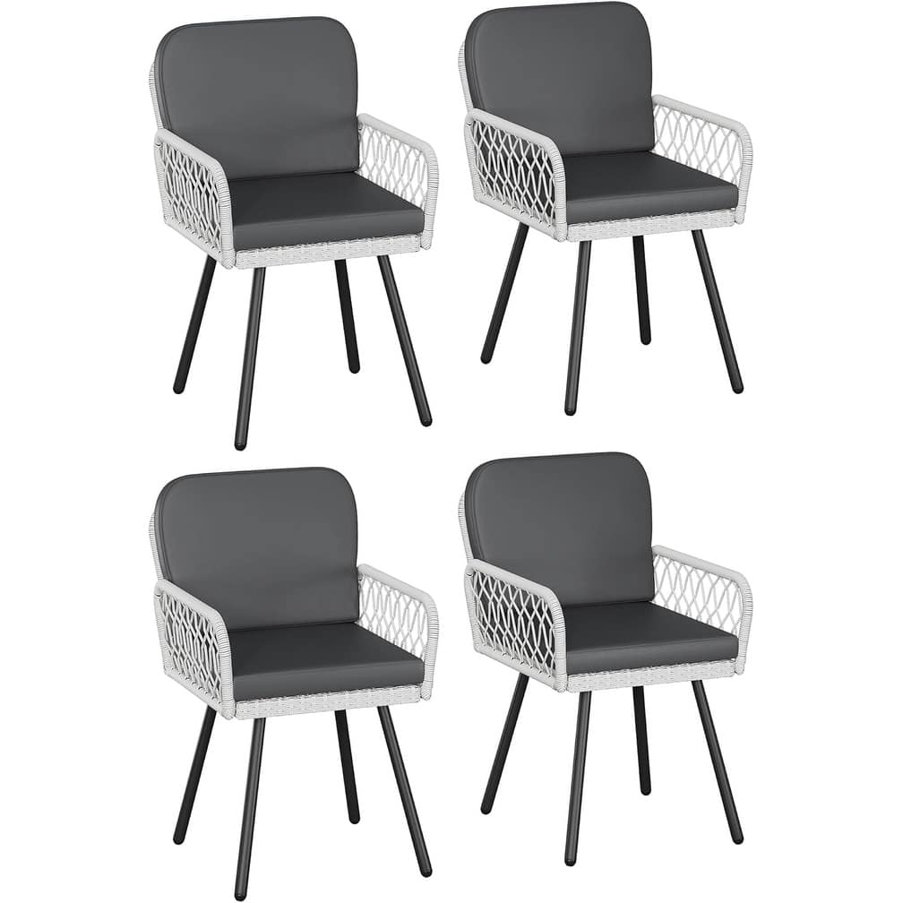 Patio Dining Chairs Set of 4 with Black Metal Frame & White Hand-Woven Rattan