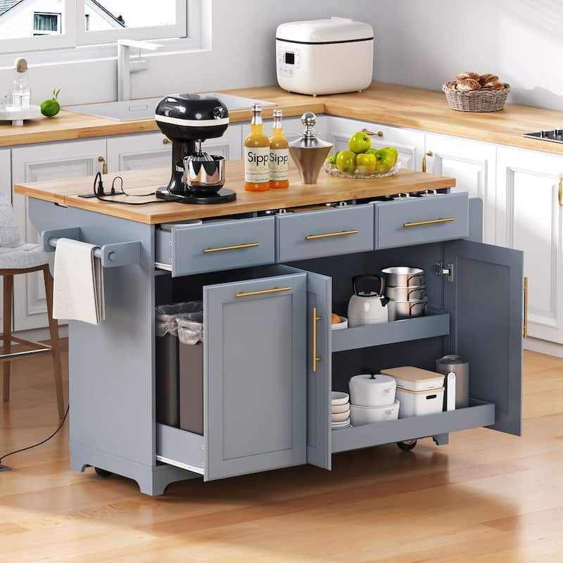 59.3" Rolling Kitchen Island with Storage and Pull-Out Organizers Rubber Wood Drop Leaf Rolling Design for Versatile Use