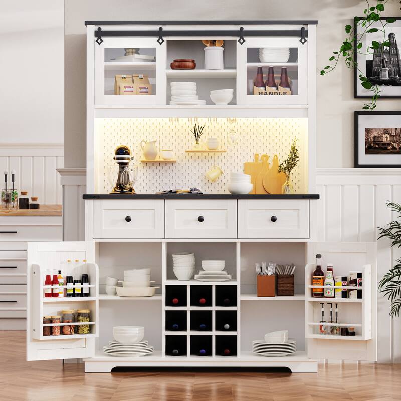 Versatile Bar Cabinet Sideboard Buffet Cabinet with DIY Pegboard, RGB Light, Power Outlets, Wine and Wine Glass Storage - White