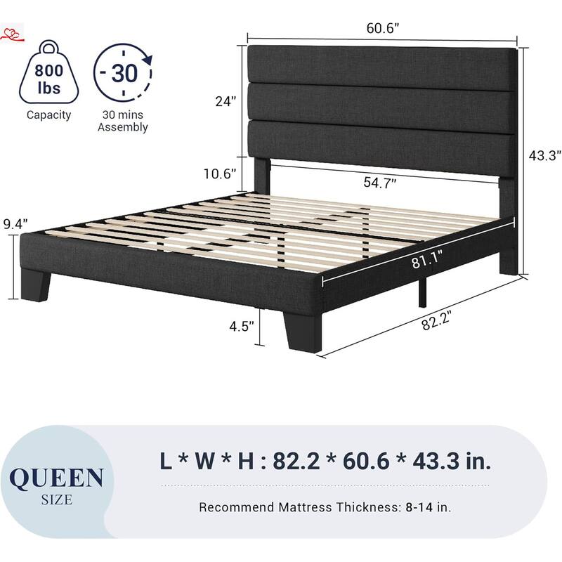 Queen Size Platform Bed Frame with Fabric Upholstered Headboard and Wooden Slats Support