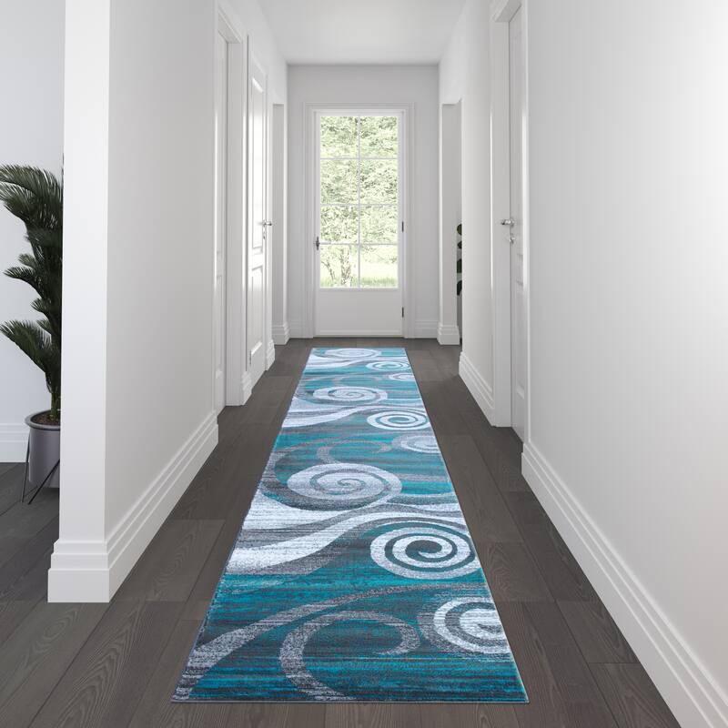 Modern Swirl Design Olefin Area Rug - 3' x 16' - Turquoise
