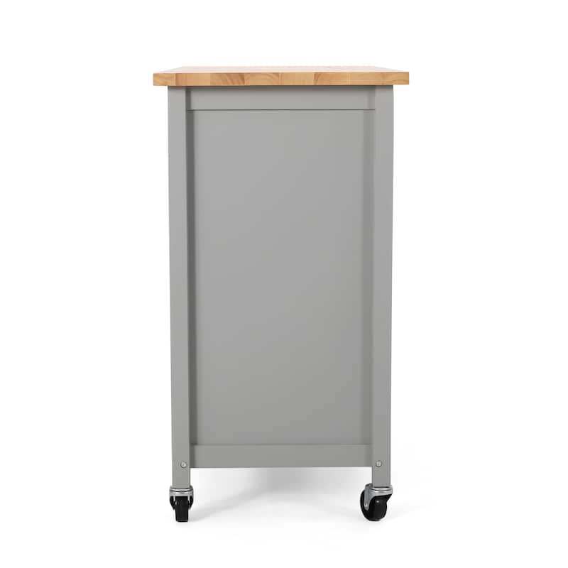 Contemporary Kitchen Cart with Rubberwood Top, Multi-Function Storage Drawer, Open Shelves, Rolling Casters with Locks