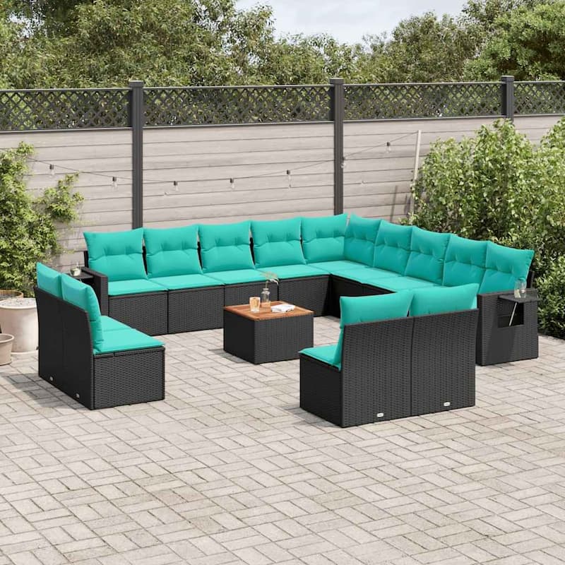 vidaXL 14 Piece Patio Sofa Set with Cushions Black Poly Rattan - 24.4" x 24.4" x 27.2" - Black and blue