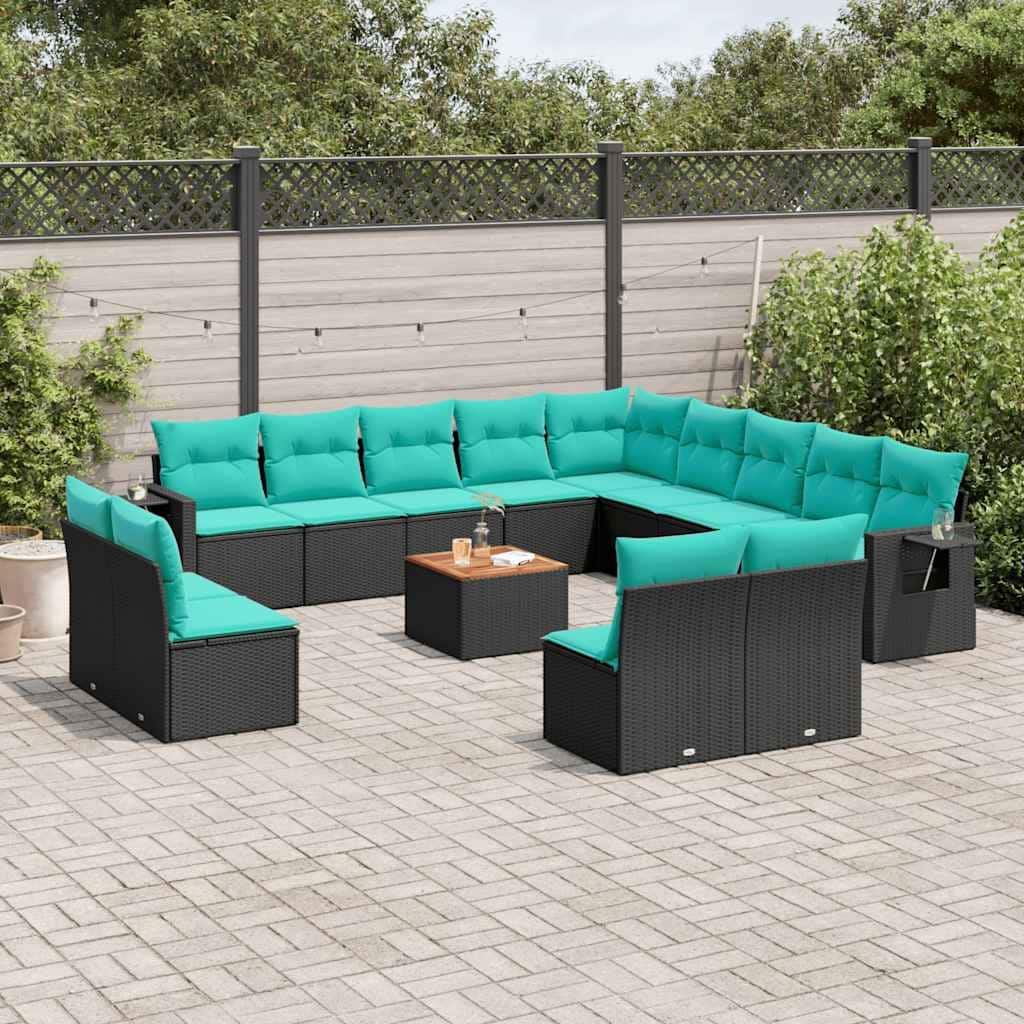 vidaXL 14 Piece Patio Sofa Set with Cushions Black Poly Rattan - 24.4" x 24.4" x 27.2"