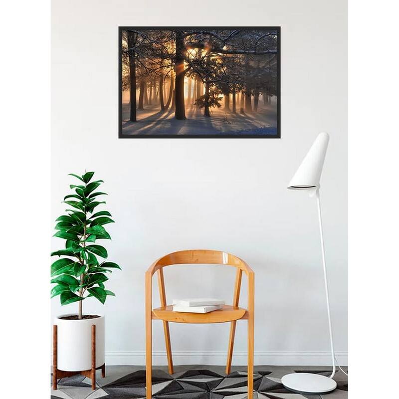 Sunrise in a Snowy Forrest Photography by Wayne Collamore Framed Poster - 24 x 36 Inch