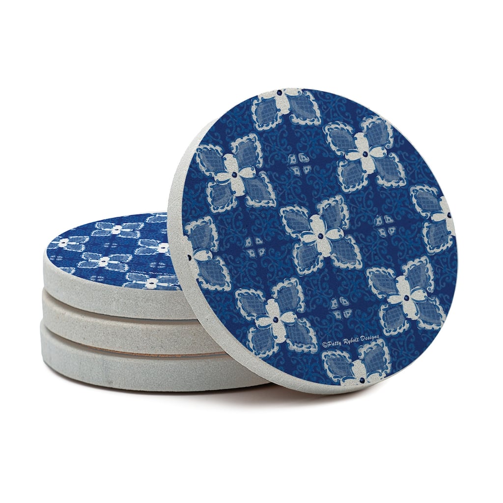 Blue Flower Tile 4 Pack Round Natural Sandstone Coasters with Protective Cork Backing Manufactured in The USA