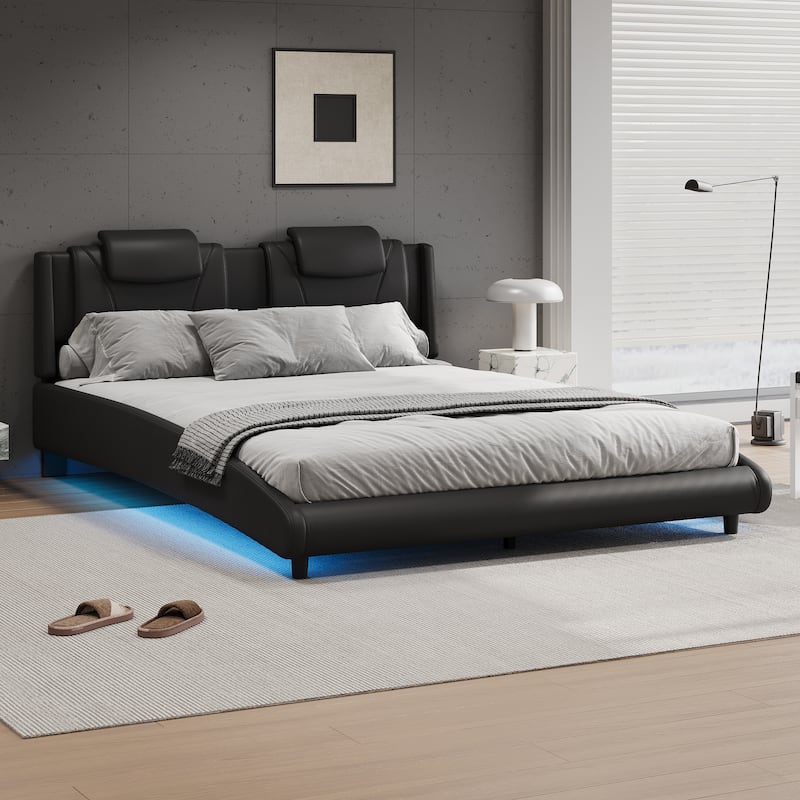 Modern Queen Size PU Upholstered Platform Bed Frame with LED Lights and Adjustable Headboard, No Box Spring Needed