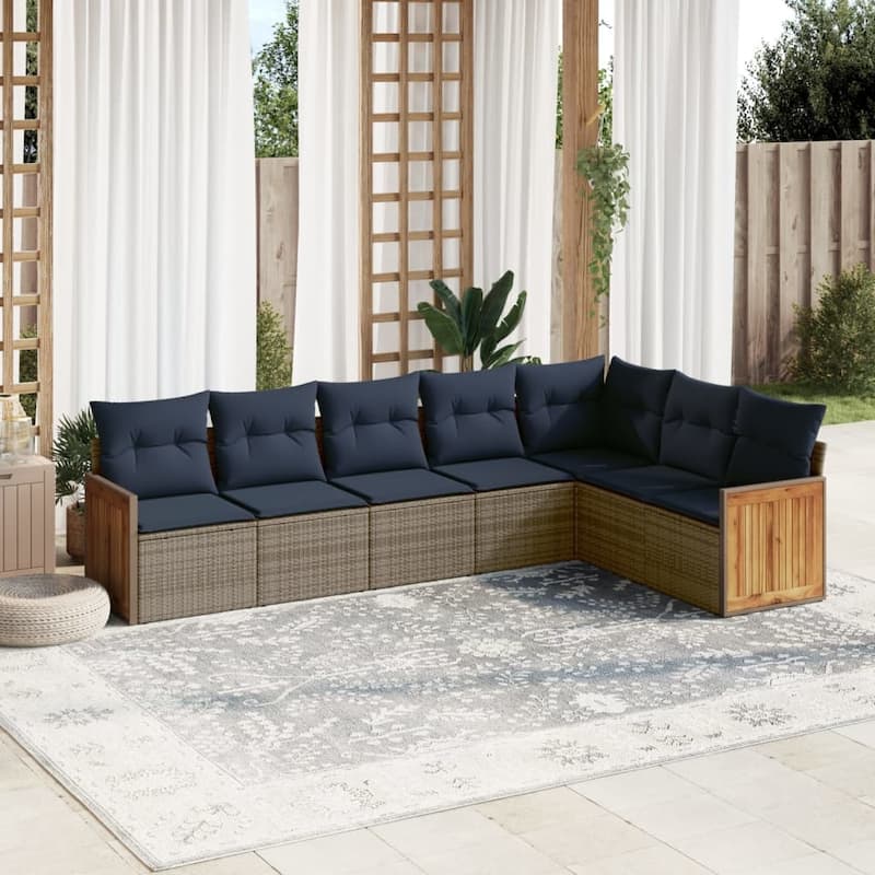 vidaXL 7/8 Piece Patio Sofa Set with Cushions Black/Gray Poly Rattan - 21.7 x 24.4 x 27.2 - Gray Without table