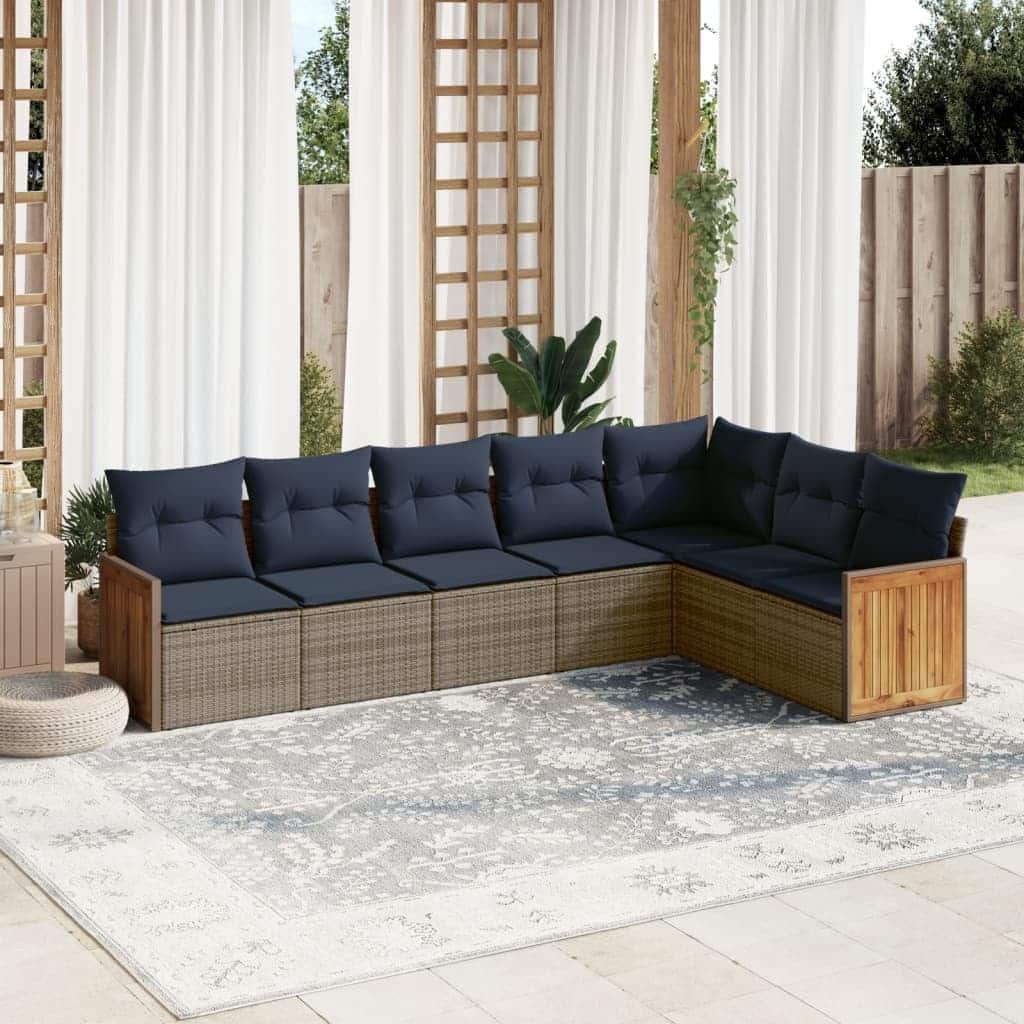 vidaXL 7/8 Piece Patio Sofa Set with Cushions Black/Gray Poly Rattan - 21.7 x 24.4 x 27.2