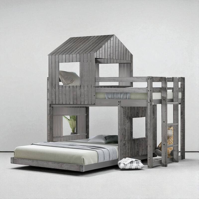 Wooden Twin Over Full Bunk Bed with Playhouse Design, Farmhouse Loft Bed with Ladder and Guardrails - Grey - Full