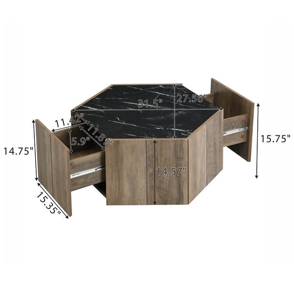 dimension image slide 1 of 2, Christopher Knight Home Hexagonal Rustic Retro Wood Coffee Table with Marble Tops and Drawers