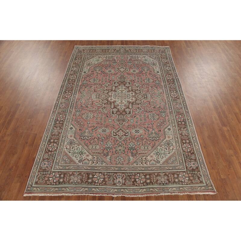 Geometric Tabriz Persian Vintage Area Rug Handmade Pink Wool Carpet - 6'5"x 9'8"