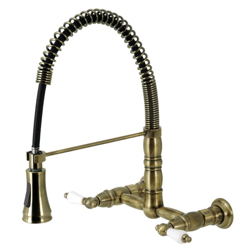 Heritage Two-Handle Wall-Mount Pull-Down Sprayer Kitchen Faucet - Antique Brass