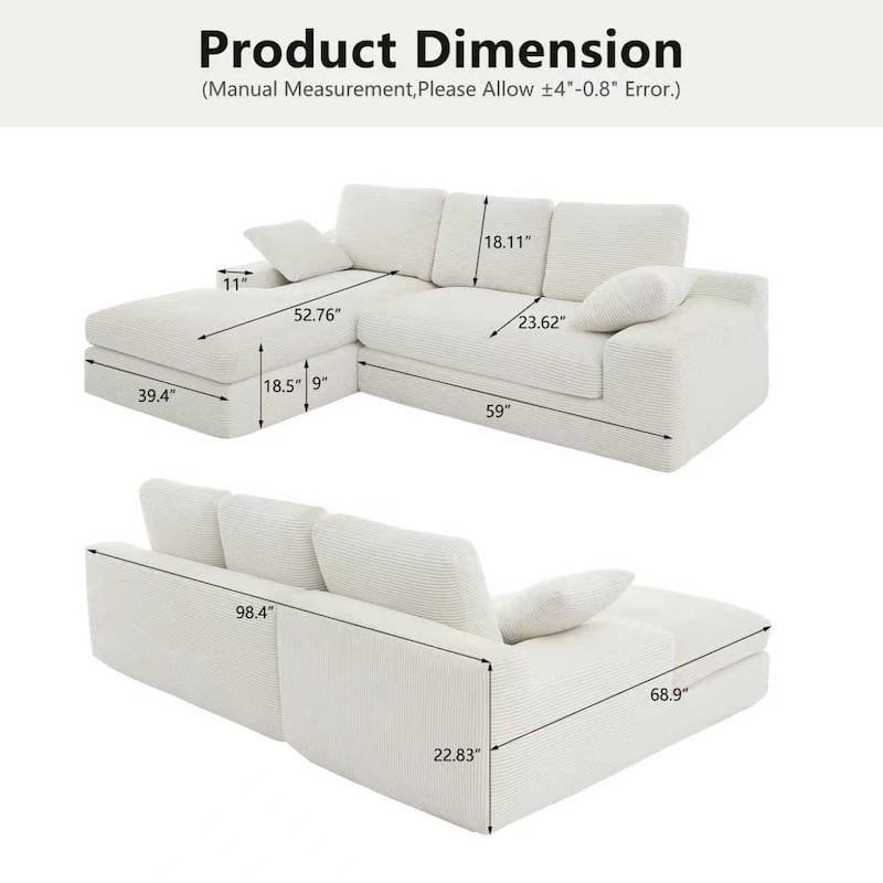 Corduroy Compressed Sofa Couch with 3 Back Cushions and 2 Throw Pillows, Soft Cloud Sofa for Living Room