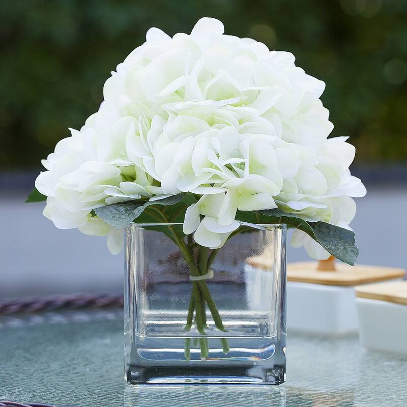 Enova Home Artificial Real Touch Hydrangea Fake Silk Flowers Arrangement in Cube Glass Vase With Faux Water For Home Decoration