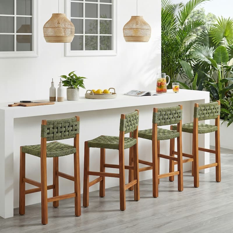 Christopher Knight Home - Modern Acacia Wood Outdoor Bar Stools with Teak Finish and Wicker Back Patio Chairs - Setof4_Open Basket Weave Back_Green