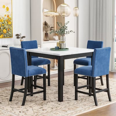 Modern 5-Piece Dining Set with Square Table, 4 Upholstered Chairs & Nailheads
