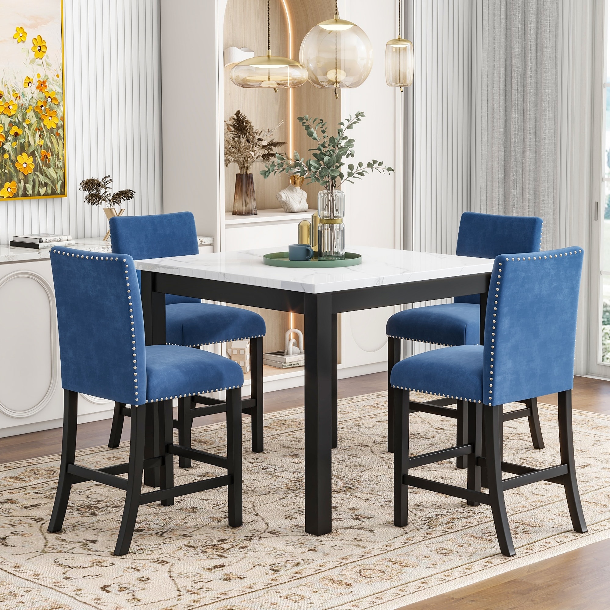 Roomfitters 5-Piece Counter Height Dining Table Set with Faux Marble Square Table and Velvet Upholstered Chairs